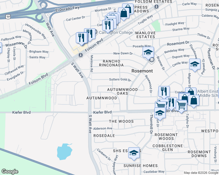 map of restaurants, bars, coffee shops, grocery stores, and more near 8953 Red Leaf Way in Sacramento