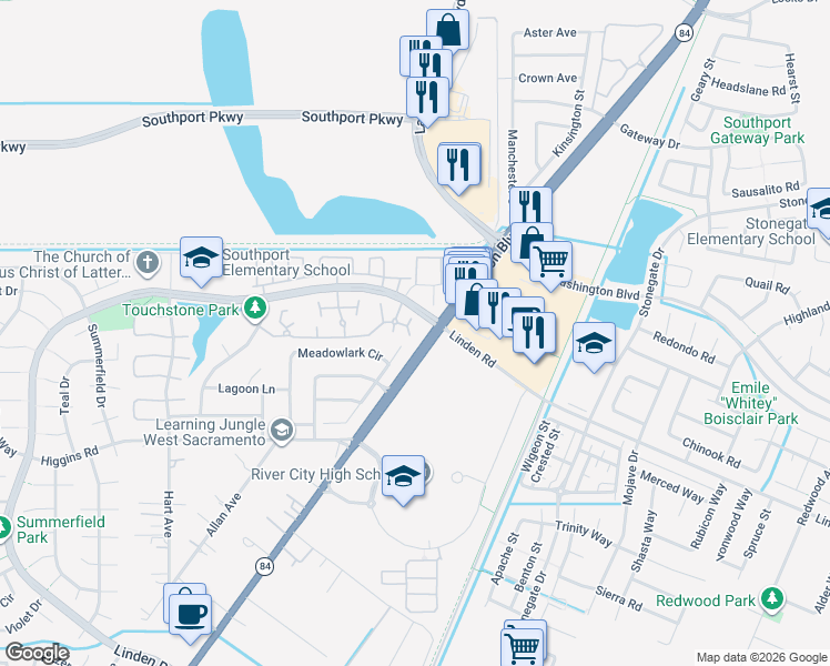 map of restaurants, bars, coffee shops, grocery stores, and more near 115 Touchstone Place in West Sacramento