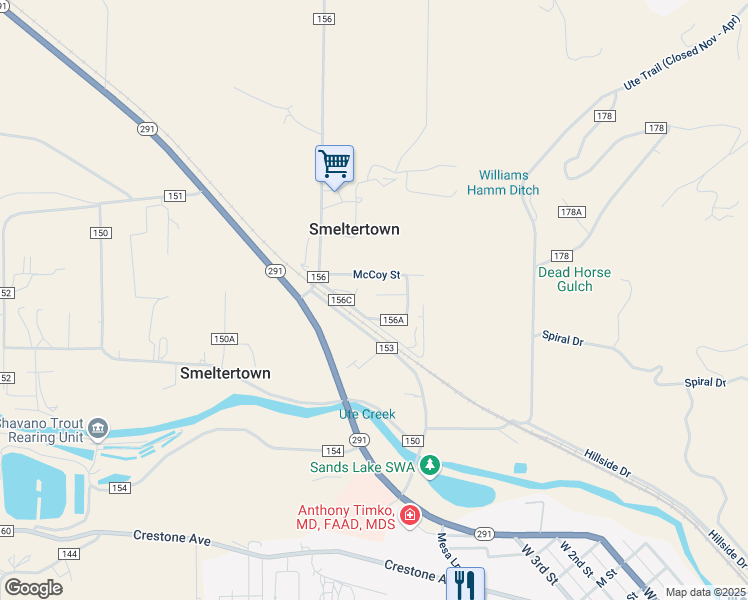 map of restaurants, bars, coffee shops, grocery stores, and more near 7095 Brant Street in Salida