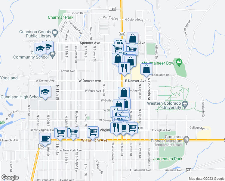 map of restaurants, bars, coffee shops, grocery stores, and more near 601 North Wisconsin Street in Gunnison