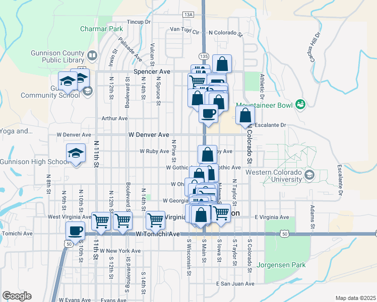 map of restaurants, bars, coffee shops, grocery stores, and more near 601 North Wisconsin Street in Gunnison