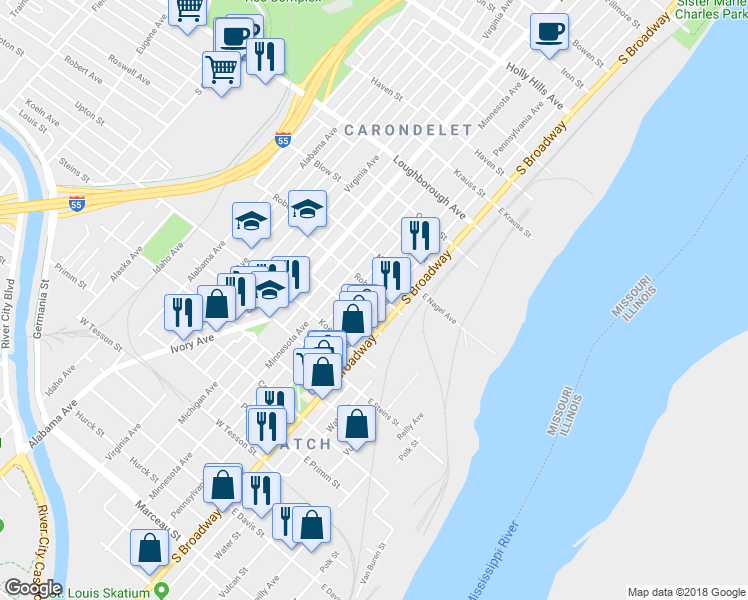 map of restaurants, bars, coffee shops, grocery stores, and more near 7304 Pennsylvania Avenue in St. Louis