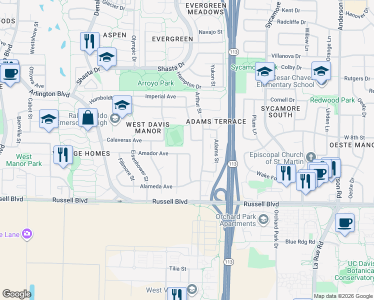map of restaurants, bars, coffee shops, grocery stores, and more near 1813 Amador Avenue in Davis