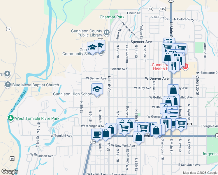 map of restaurants, bars, coffee shops, grocery stores, and more near 601 North 11th Street in Gunnison