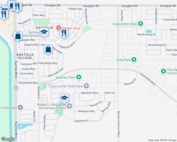 map of restaurants, bars, coffee shops, grocery stores, and more near 11949 Montron Way in Rancho Cordova