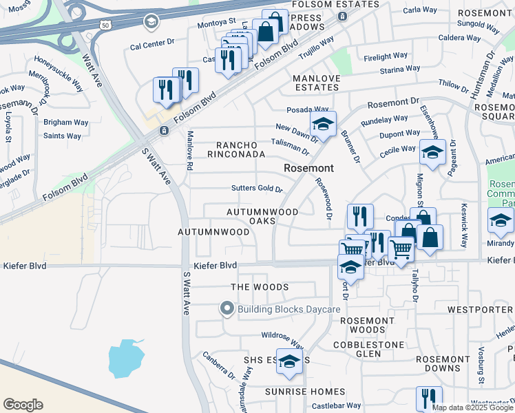 map of restaurants, bars, coffee shops, grocery stores, and more near 8973 Red Leaf Way in Sacramento