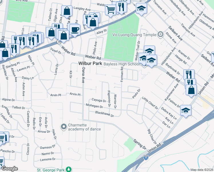 map of restaurants, bars, coffee shops, grocery stores, and more near 9208 Mackinaw Drive in St. Louis