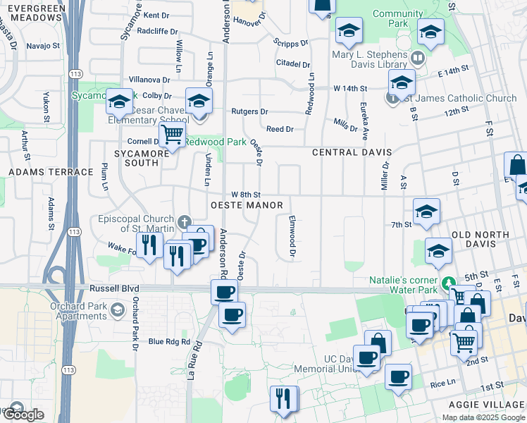 map of restaurants, bars, coffee shops, grocery stores, and more near 750 Oeste Drive in Davis