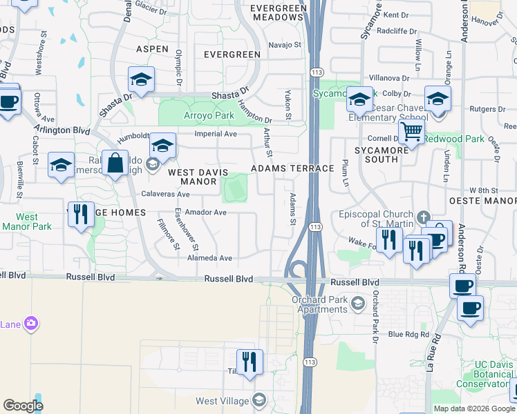 map of restaurants, bars, coffee shops, grocery stores, and more near 1813 Amador Avenue in Davis