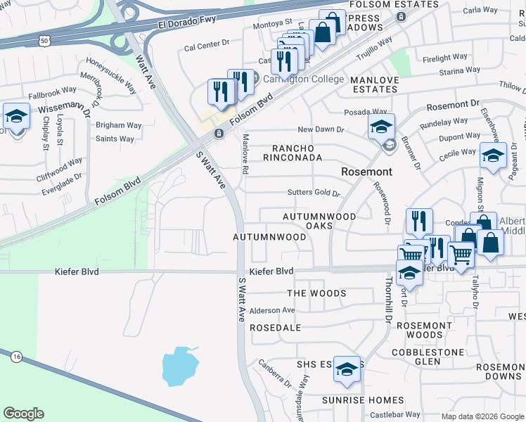 map of restaurants, bars, coffee shops, grocery stores, and more near 8915 Red Leaf Way in Sacramento