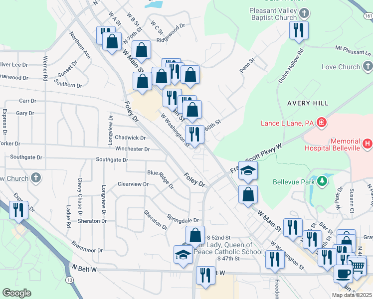 map of restaurants, bars, coffee shops, grocery stores, and more near 6000 West Washington Street in Belleville
