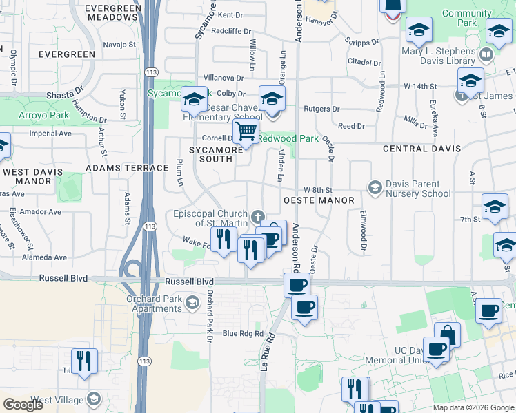 map of restaurants, bars, coffee shops, grocery stores, and more near 770 Mulberry Lane in Davis