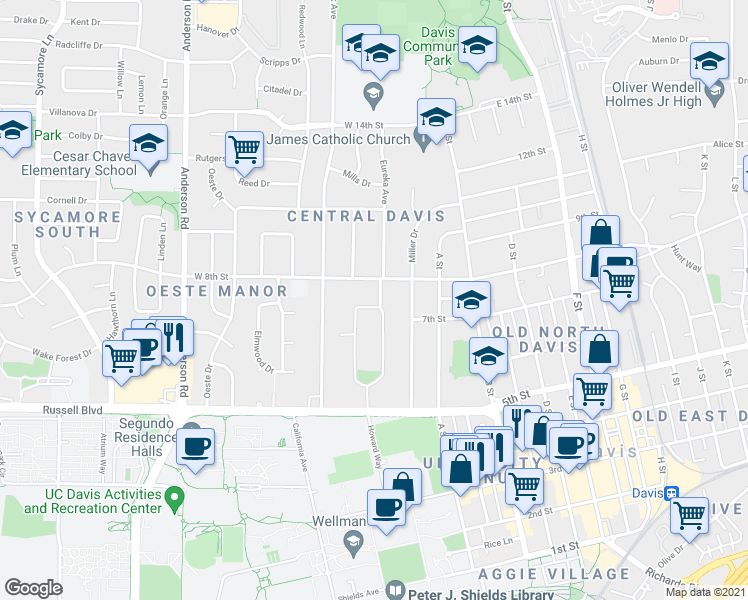 map of restaurants, bars, coffee shops, grocery stores, and more near 40 College Park in Davis