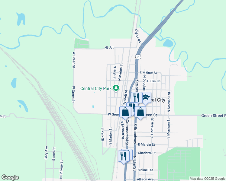 map of restaurants, bars, coffee shops, grocery stores, and more near 222 North High Street in Centralia