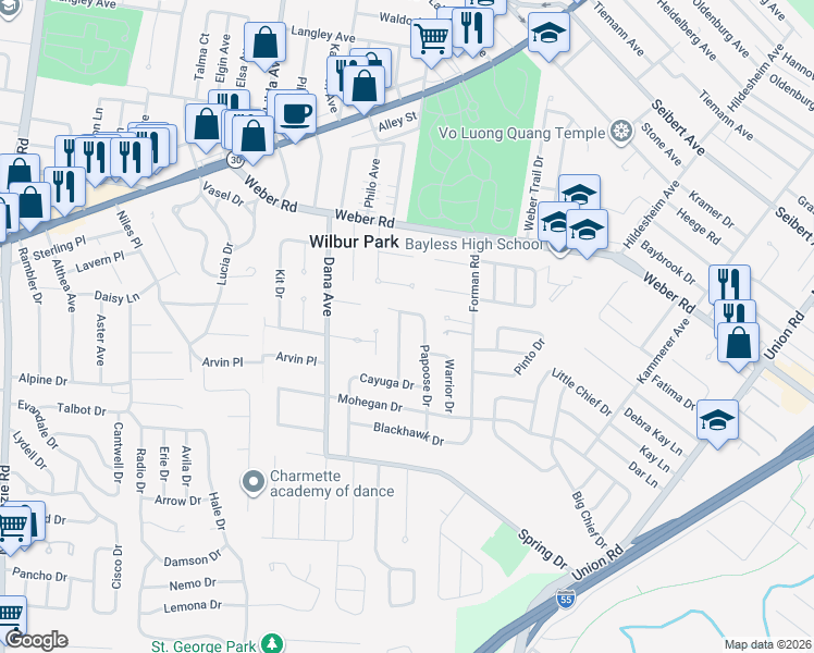 map of restaurants, bars, coffee shops, grocery stores, and more near 9208 Mackinaw Drive in St. Louis