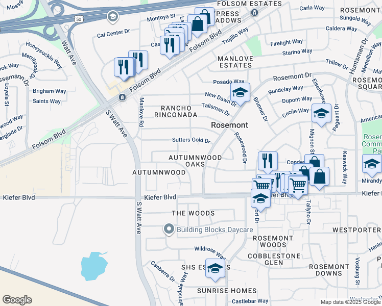 map of restaurants, bars, coffee shops, grocery stores, and more near 8973 Red Leaf Way in Sacramento