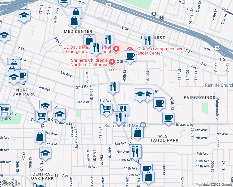 map of restaurants, bars, coffee shops, grocery stores, and more near in Sacramento