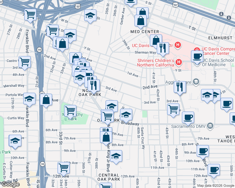 map of restaurants, bars, coffee shops, grocery stores, and more near 3842 3rd Avenue in Sacramento