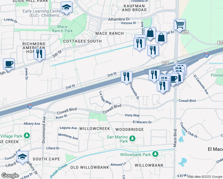 map of restaurants, bars, coffee shops, grocery stores, and more near 3850-3952 Chiles Rd in Davis