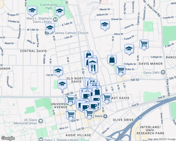map of restaurants, bars, coffee shops, grocery stores, and more near 646 F Street in Davis