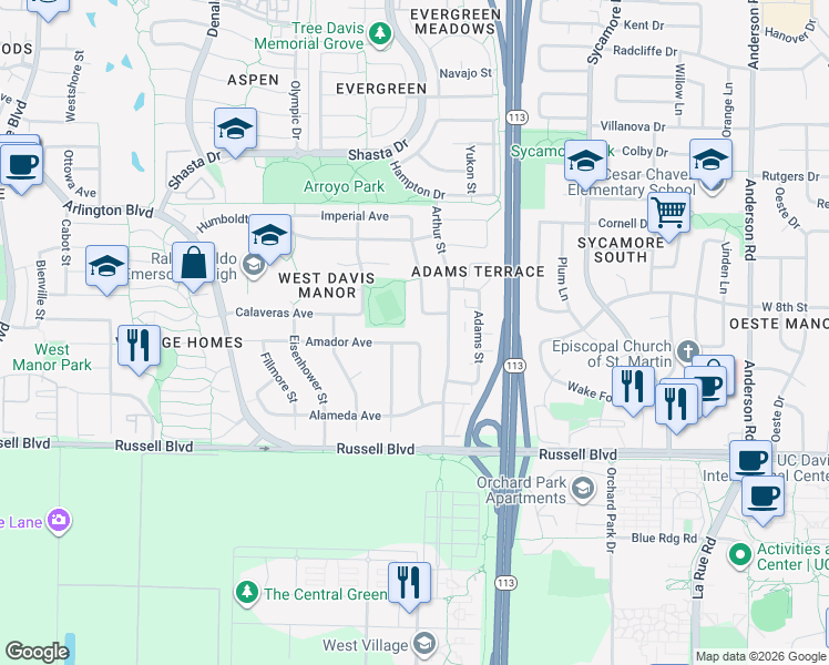 map of restaurants, bars, coffee shops, grocery stores, and more near 1813 Amador Avenue in Davis