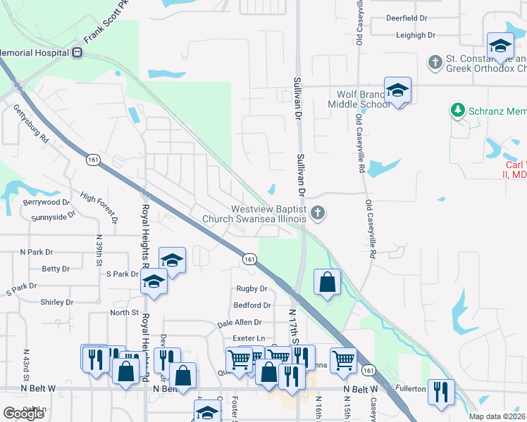 map of restaurants, bars, coffee shops, grocery stores, and more near 1600 Hanna Drive in Belleville
