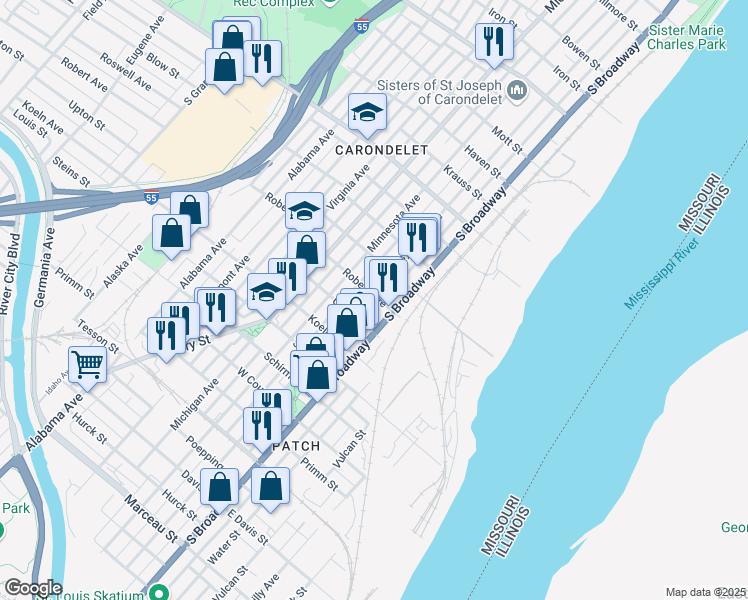 map of restaurants, bars, coffee shops, grocery stores, and more near 7304 Pennsylvania Avenue in St. Louis
