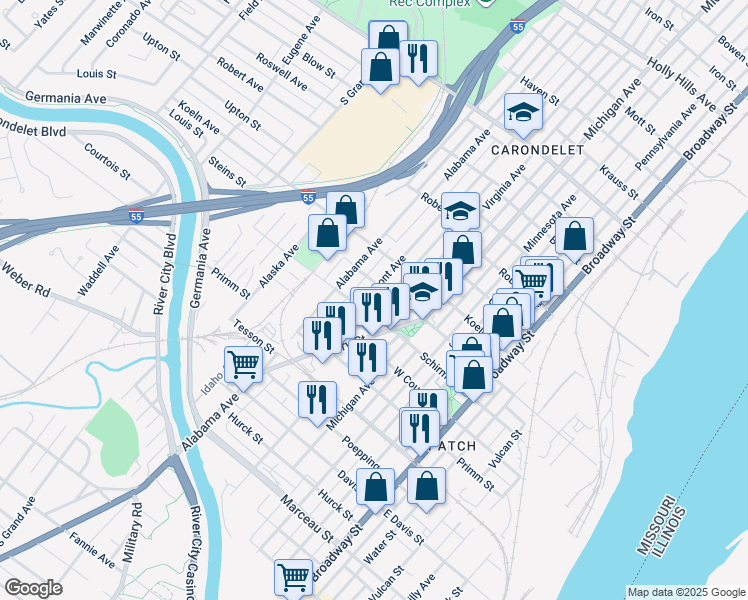 map of restaurants, bars, coffee shops, grocery stores, and more near 7613 Virginia Avenue in St. Louis