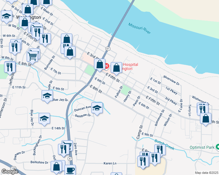 map of restaurants, bars, coffee shops, grocery stores, and more near 603 Washington Avenue in Washington