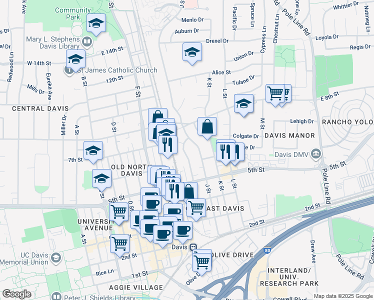 map of restaurants, bars, coffee shops, grocery stores, and more near 628 I Street in Davis