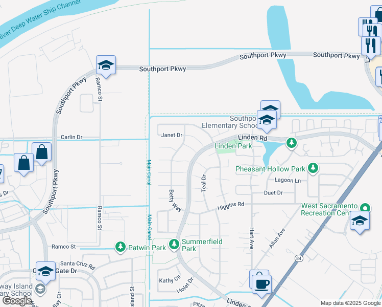 map of restaurants, bars, coffee shops, grocery stores, and more near 2862 Kimberly Court in West Sacramento