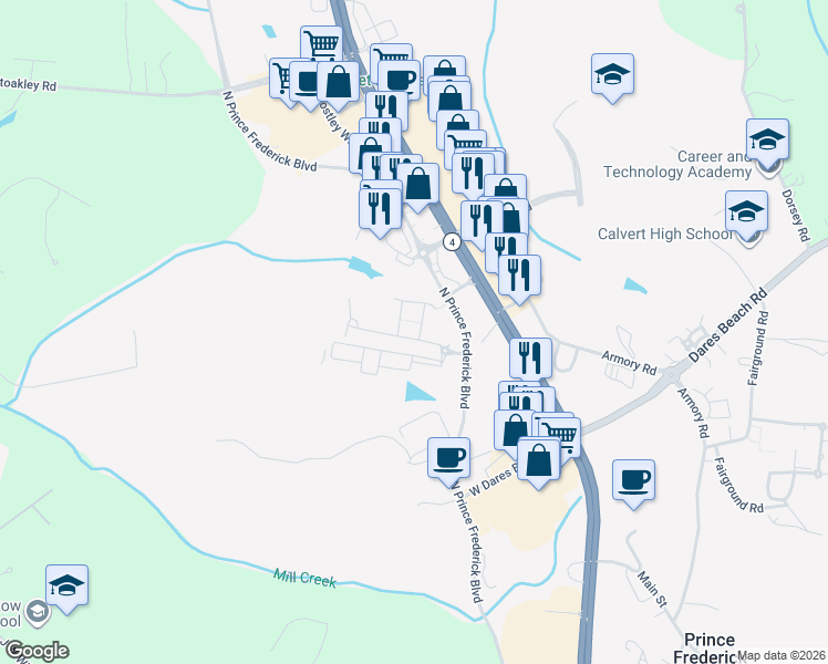 map of restaurants, bars, coffee shops, grocery stores, and more near 506 Salisbury Place in Prince Frederick