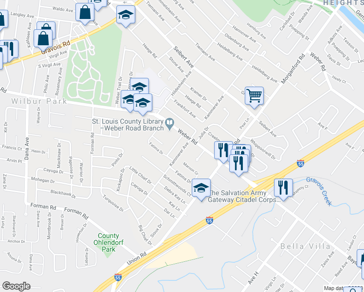 map of restaurants, bars, coffee shops, grocery stores, and more near 8729 Kammerer Avenue in Saint Louis
