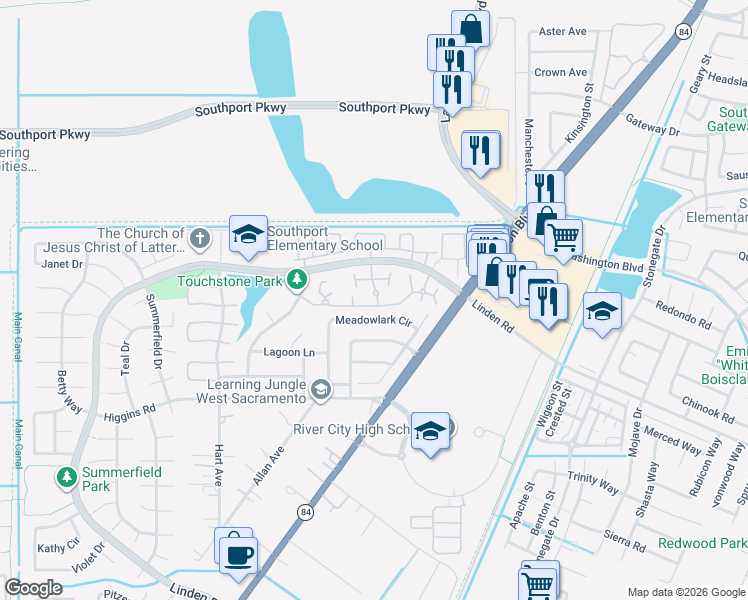 map of restaurants, bars, coffee shops, grocery stores, and more near 325 Bridge Place in West Sacramento