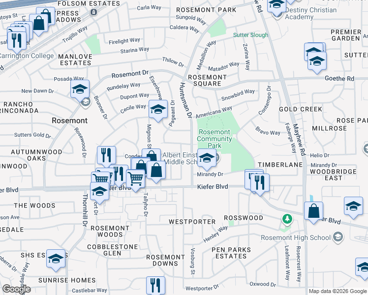 map of restaurants, bars, coffee shops, grocery stores, and more near 3601 Keswick Way in Sacramento