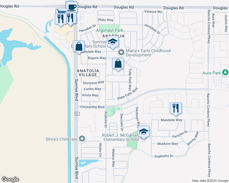 map of restaurants, bars, coffee shops, grocery stores, and more near 4221 Topaz Valley Way in Rancho Cordova