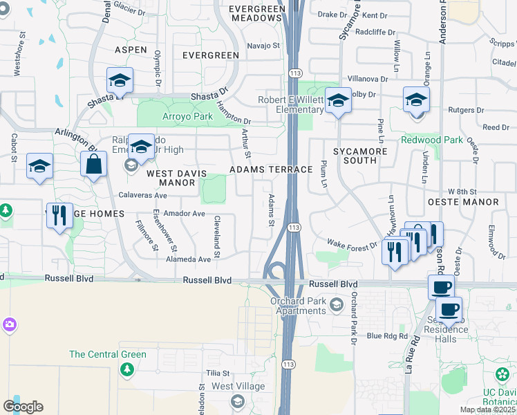 map of restaurants, bars, coffee shops, grocery stores, and more near 708-710 Arthur Street in Davis