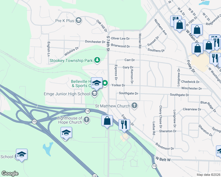 map of restaurants, bars, coffee shops, grocery stores, and more near 1004 South 74th Street in Belleville
