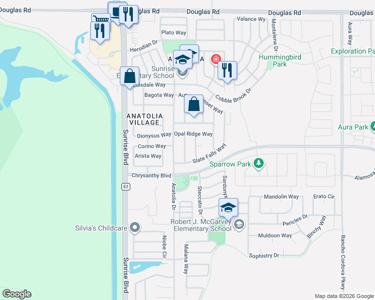 map of restaurants, bars, coffee shops, grocery stores, and more near 4221 Topaz Valley Way in Rancho Cordova