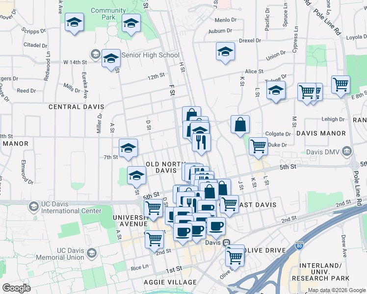 map of restaurants, bars, coffee shops, grocery stores, and more near 646 F Street in Davis