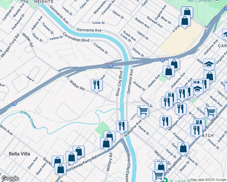 map of restaurants, bars, coffee shops, grocery stores, and more near 8110 Violaview Drive in St. Louis