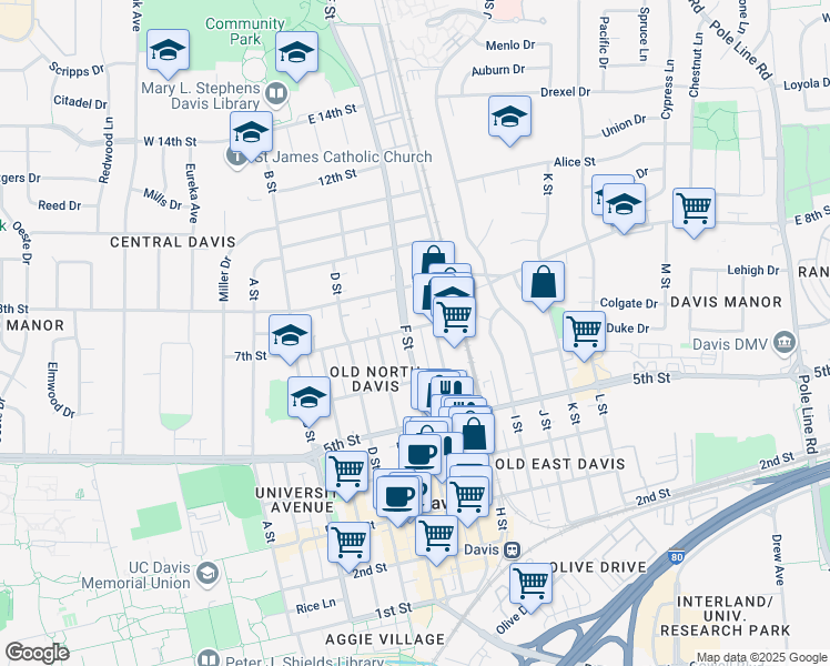 map of restaurants, bars, coffee shops, grocery stores, and more near 646 F Street in Davis