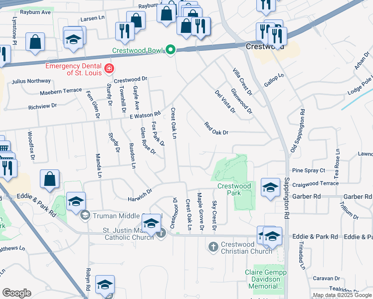 map of restaurants, bars, coffee shops, grocery stores, and more near 8915 Larchwood Court in St. Louis
