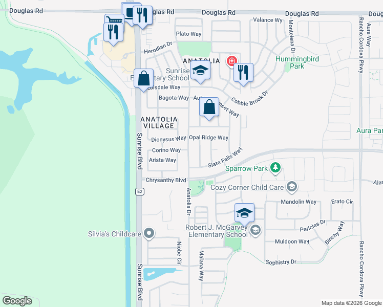map of restaurants, bars, coffee shops, grocery stores, and more near 4206 Anatolia Drive in Rancho Cordova