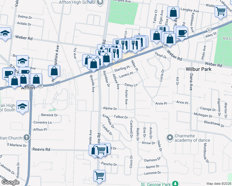 map of restaurants, bars, coffee shops, grocery stores, and more near 9315 Althea Avenue in Affton