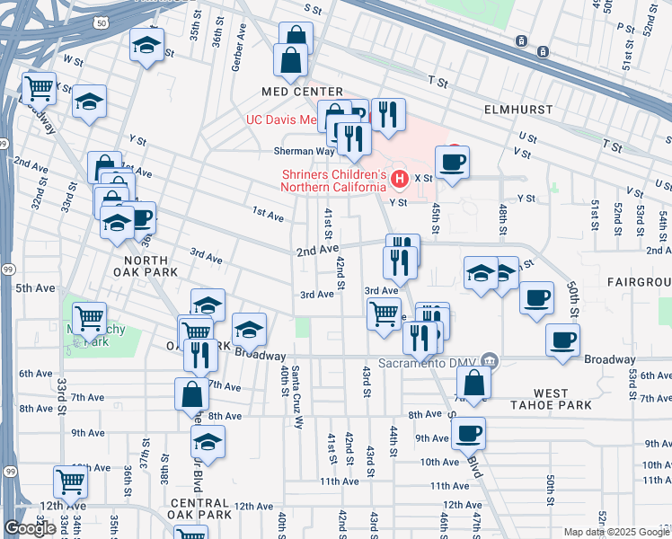 map of restaurants, bars, coffee shops, grocery stores, and more near 2750 42nd Street in Sacramento