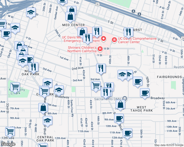 map of restaurants, bars, coffee shops, grocery stores, and more near 2741 43rd St in Sacramento