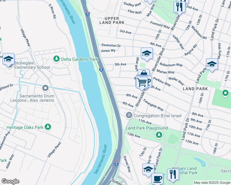 map of restaurants, bars, coffee shops, grocery stores, and more near 749 8th Avenue in Sacramento