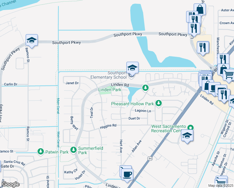 map of restaurants, bars, coffee shops, grocery stores, and more near 2681 Bradford Way in West Sacramento