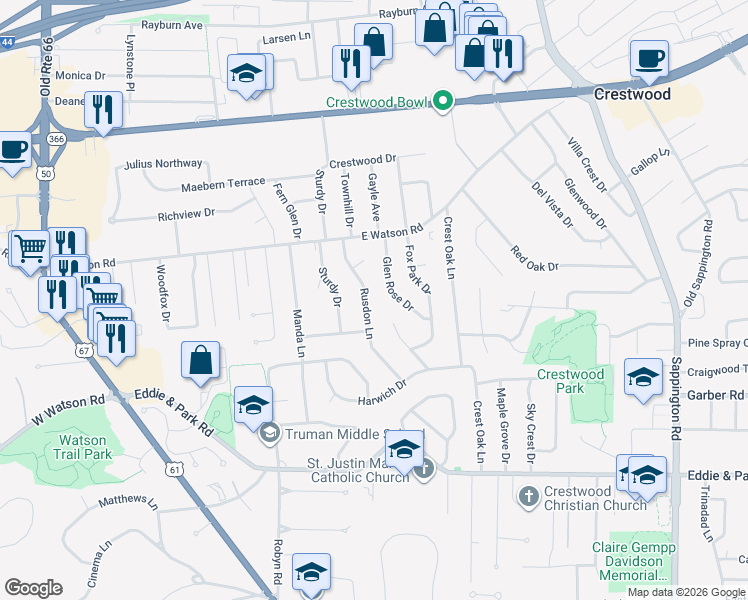 map of restaurants, bars, coffee shops, grocery stores, and more near 8872 Rusdon Lane in St. Louis